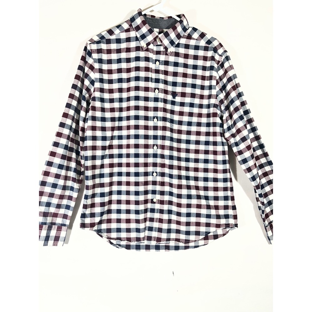 American Eagle Classic Fit Plaid Button Up Shirt Men M Burgundy Navy‎ Gingham